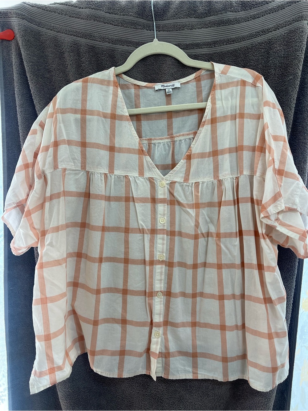 Madewell Cream and Peach Checked Button-Front Top